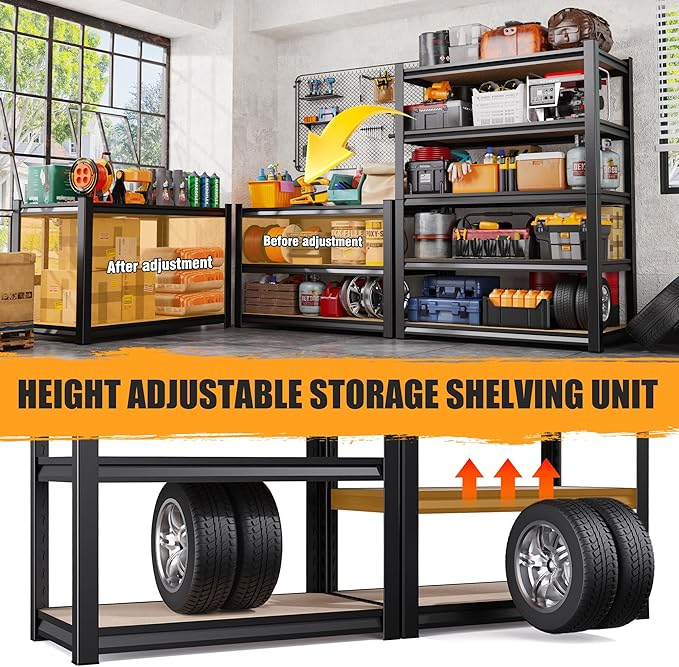 Set of 2 Garage Shelving Heavy Duty Storage Shelves, Metal Adjustable Shelving Unit, Utility Garage Organizer Shelf for Basement, Pantry, Kitchen, Warehouse, 13.8''Dx31.5''Wx71.2''H, Black