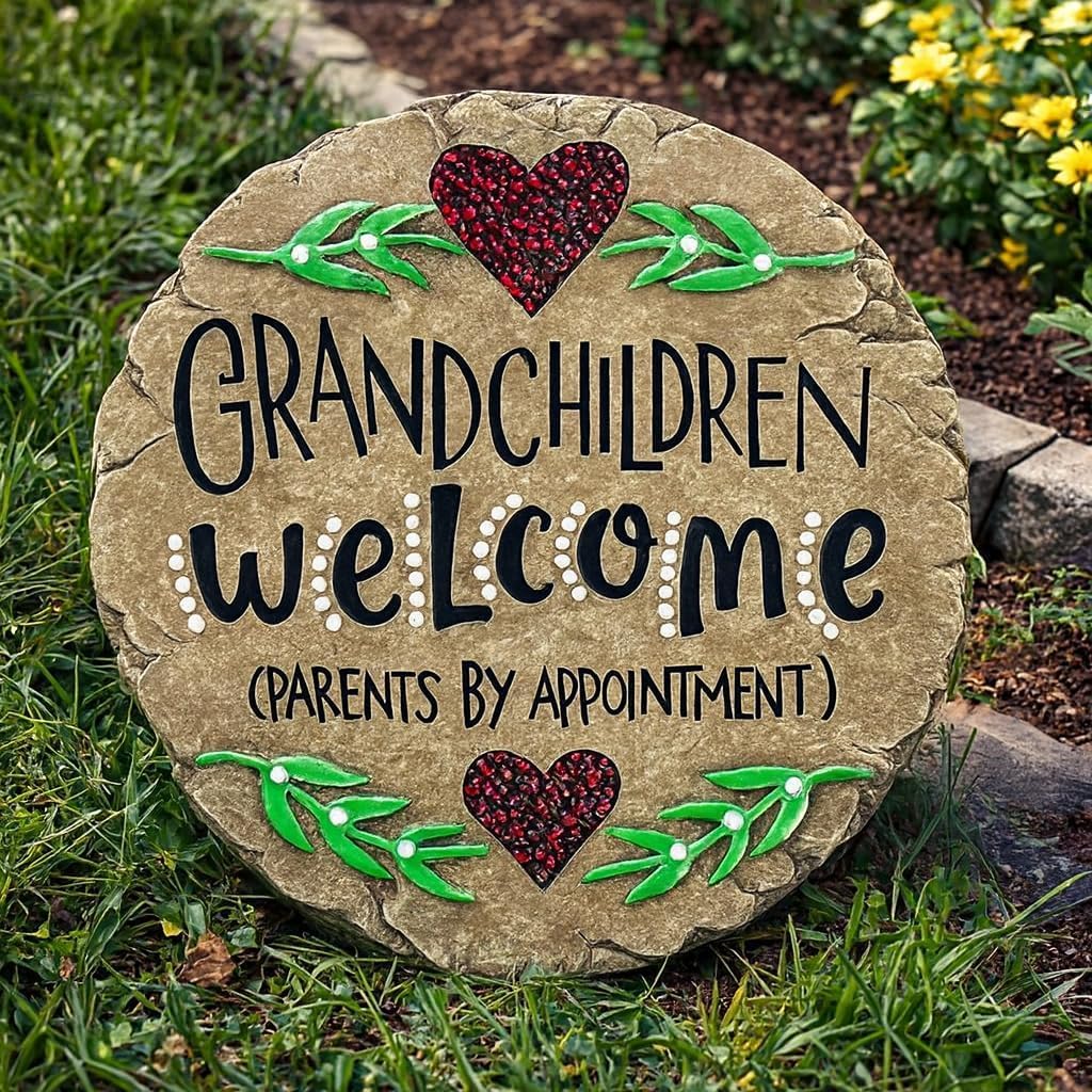 Carson Grandchildren Welcome Garden Stone, Hand-Painted Resin, 9.5 Inch