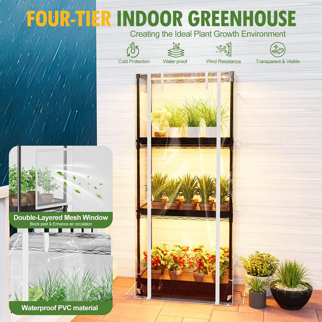 specilite 27x14x59in 4-tier rolling indoor greenhouse plant stand shown in use