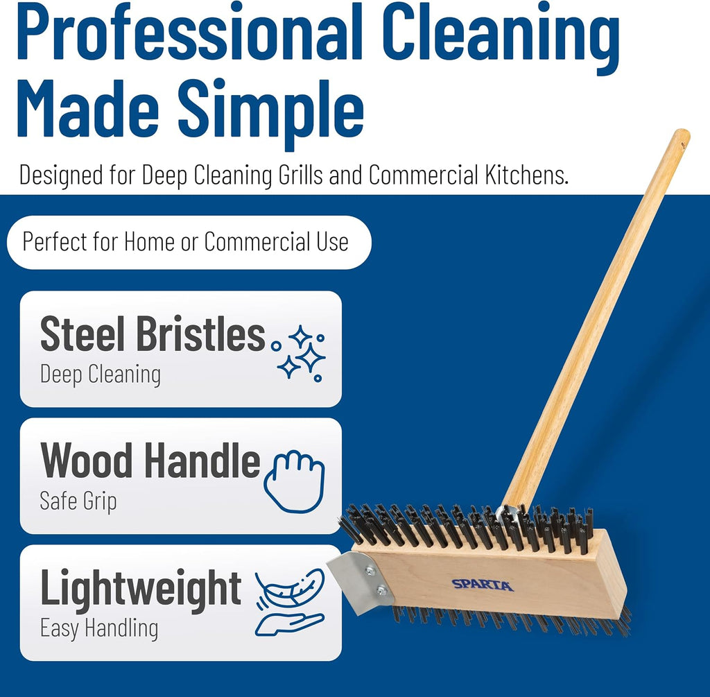 SPARTA 4002600 Stainless Steel Grill Brush, Grill Scraper With Long Handle For Commercial Cleaning, Kitchens, Restaurants, Bathrooms, 30 Inches, Brown
