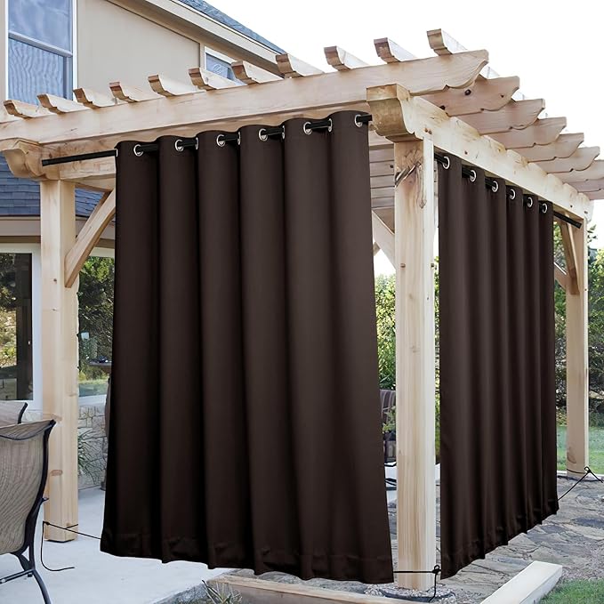 NICETOWN 2 Panels Outdoor Curtains for Patio Extra Wide 84", Waterproof & Windproof Grommet & Back Tab Fixed Top and Bottom Thermal Insulated Drapes with Rope for Gazebo, Toffee Brown, W84 x L108