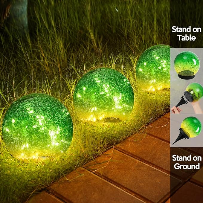 Outdoor Waterproof IP65 Solar Globe Lights, Led Solar Light Balls for Lawn Garden Patio Table Art Decoration, Yard Landscape Illuminated Cracked Glass Sphere Gazing Ball Lights, Round Ornaments Orbs