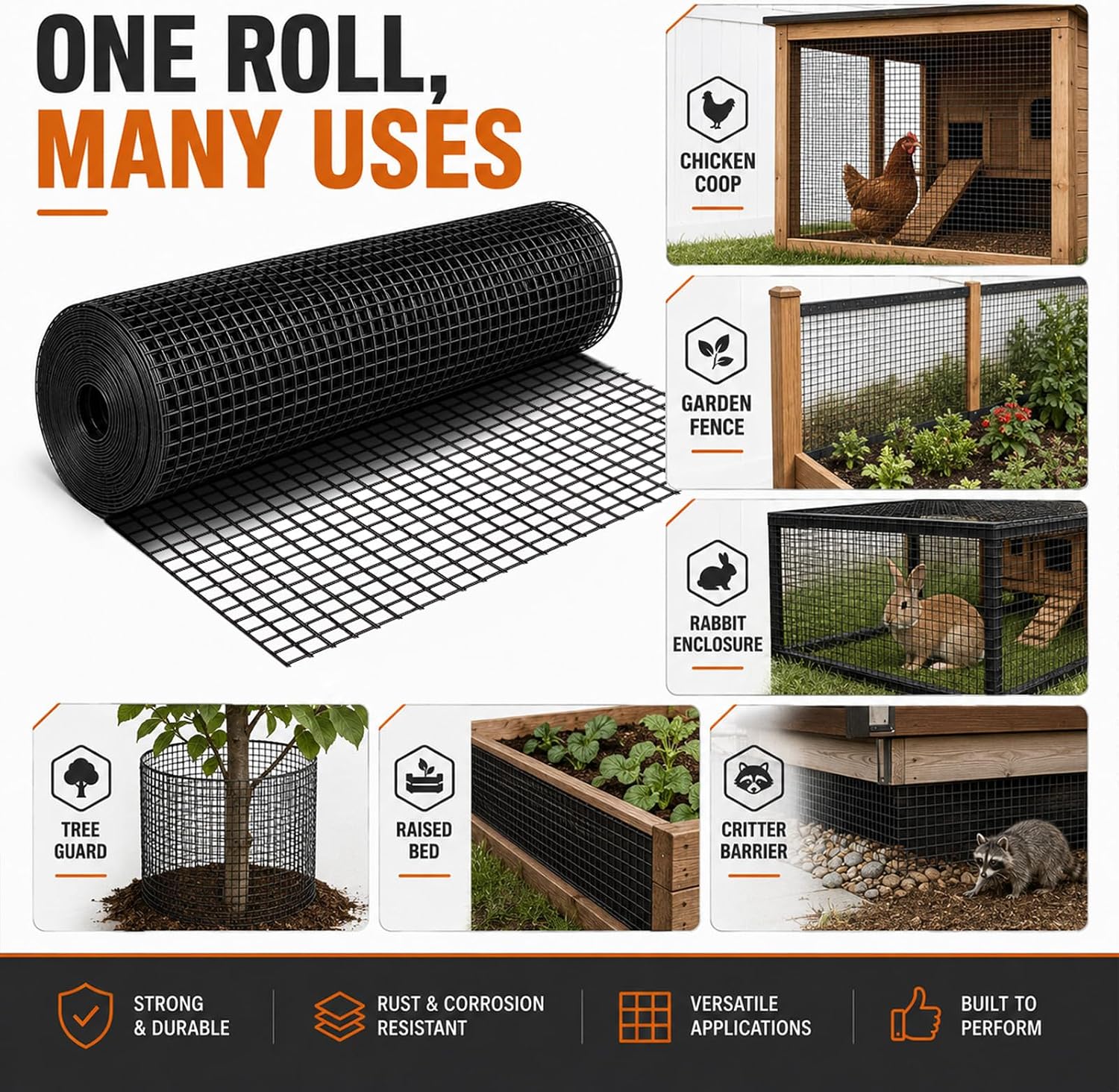 HORCH Black Hardware Cloth 1/2 inch 24 x 100 ft 19 Gauge | Chicken Wire Mesh Roll, Chicken Wire Fencing, Wire Fence Roll, Tree Guard, Rat Wire, Hardware Mesh