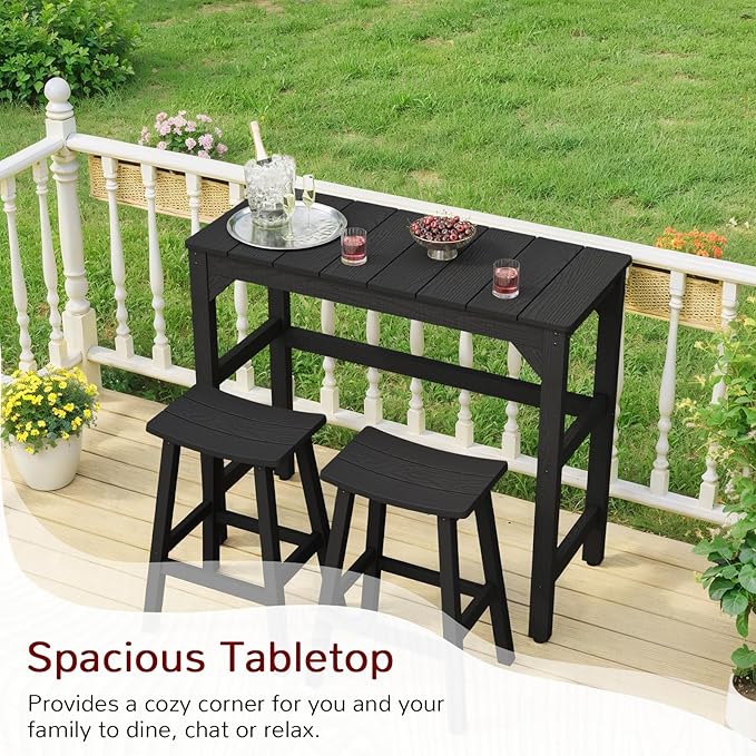 Stoog 3-Pieces Patio Bar Set, All-Weather HIPS Outdoor Bar Stools Set of 2, Counter Height Bar Table with Waterproof Top, Never Fade or Rot, Black