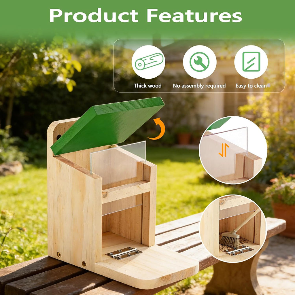 Squirrel Feeders for Outside Garden, Wooden Squirrel Feeder Box,Squirrel Feeding Stations with Green Cover, Easy to Fill Squirrel Feeding House(Green-1pk)