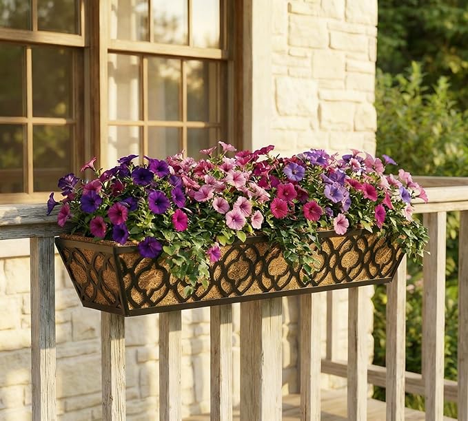 Y&M 4pcs 30" Horse Trough Window Boxes with Coconut Coir Liner, Black Metal Hanging Flower Planter Deck Railing Planter Boxes for Outdoor Indoor