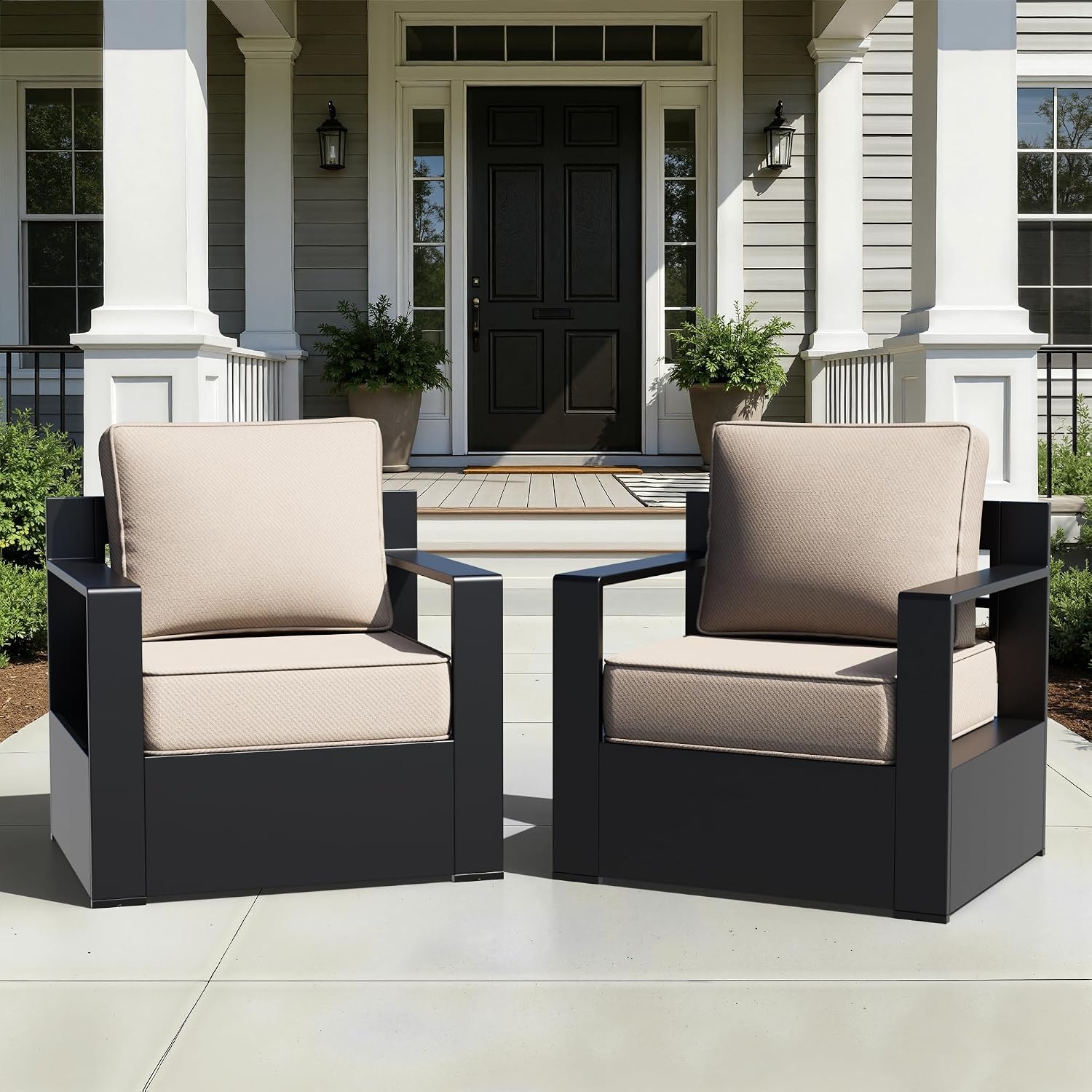 Outdoor Aluminum Furniture, Patio Chairs with 6" Thick Removable Cushions, All-Weather Metal Frame, Deep Setting for Garden, Poolside and Porch,Beige