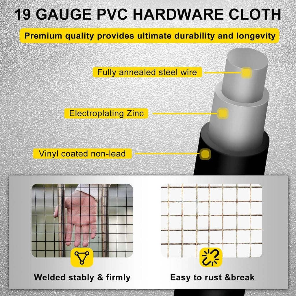 Black Hardware Cloth 4'' x 10' PVC Steel Vinyl Coated 1/4inch Galvanized Wire Mesh Roll (23GA) Chicken Wire Fence Roll, for coop Fences,Screen mesh, Rabbit/Snake Fences, Poultry enclosures, etc.