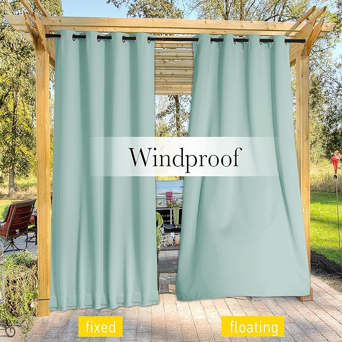 NICETOWN 2 Panels Weighted Outdoor Curtains for Patio Waterproof, Thermal Top & Bottom Grommet & Back Tab Wind-Break Drapes Light & Cold Block Privacy for Pergola with Rope, W52 x L95, Aqua Blue