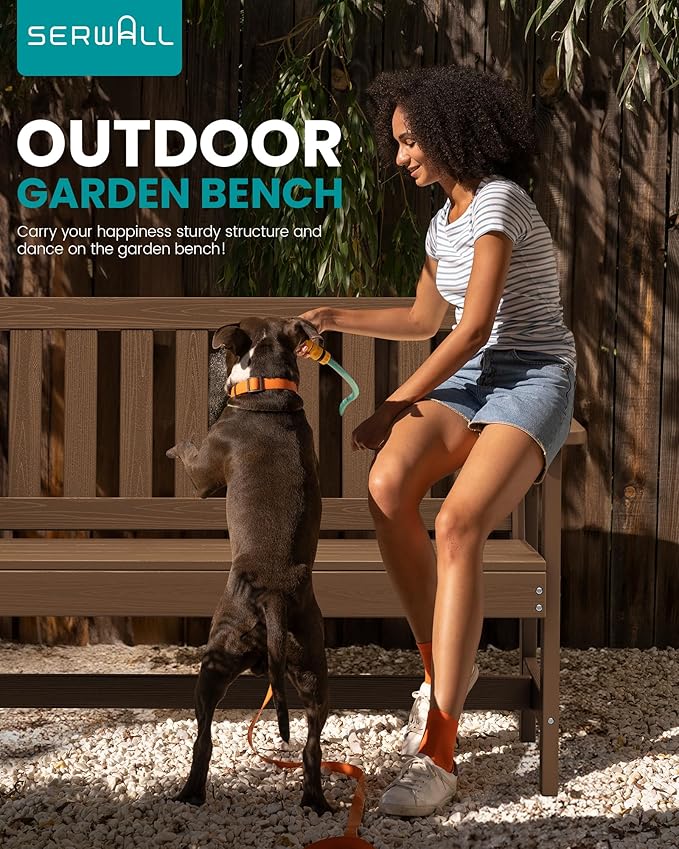 SERWALL Outdoor Bench, HDPE Outdoor Benches Weatherproof, 2-Person Garden Bench with 660 lbs Weight Capacity, Patio Benches for Outdoors, Garden, Porch, Backyard and Park, Brown, 4 Pack