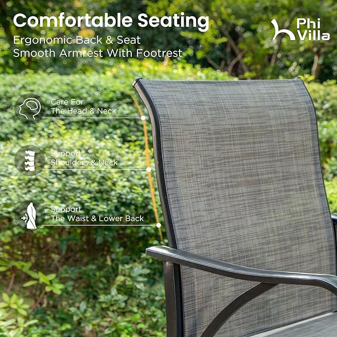 PHI VILLA Outdoor Bar Stools Swivel Set of 2, Outdoor Bar Height Tall Patio Chairs Grey with Armrest, High Top Patio Stools & Chairs with Sling Fabric for Outside Kitchen