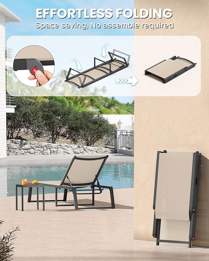 Aluminum Patio Chaise Lounge Set of 2 with 1 Side Table, Foldable Outdoor Pool Lounge Chairs 5-Position Recliner for Outside Poolside, Fully Grounded Legs Sun Lounger for Beach, Yard, Khaki