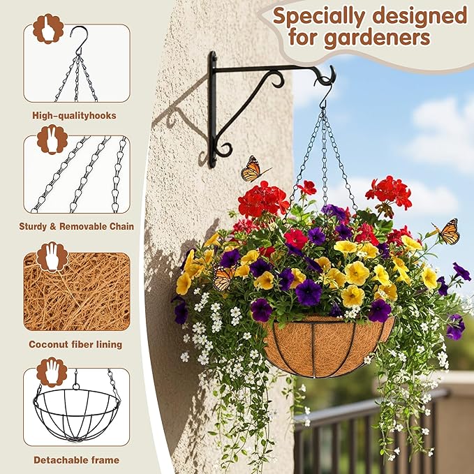 8 inch Metal Hanging Baskets For Plants Outdoor 4 Pack Round Metal Wire Hanging Basket Planter with Coco Fiber Liners Chain Round Wire Plant Holder for Garden, Patio, Deck, Porch Plants Flower Potss