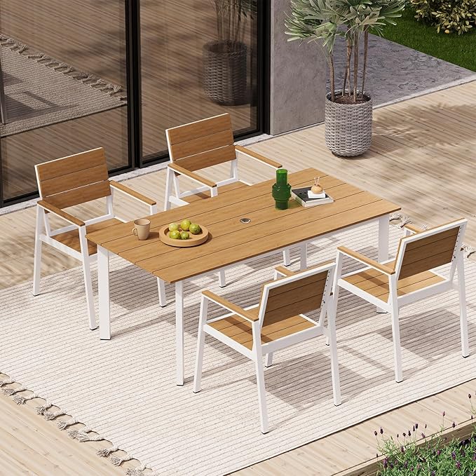 Outdoor Patio Dining Chairs Set of 2, 350LBS Capacity Aluminum Patio Dining Chairs with Armrests, Weather-Resistant for Lawn, Garden, Yard, Poolside and Indoor Use (White & Teak)