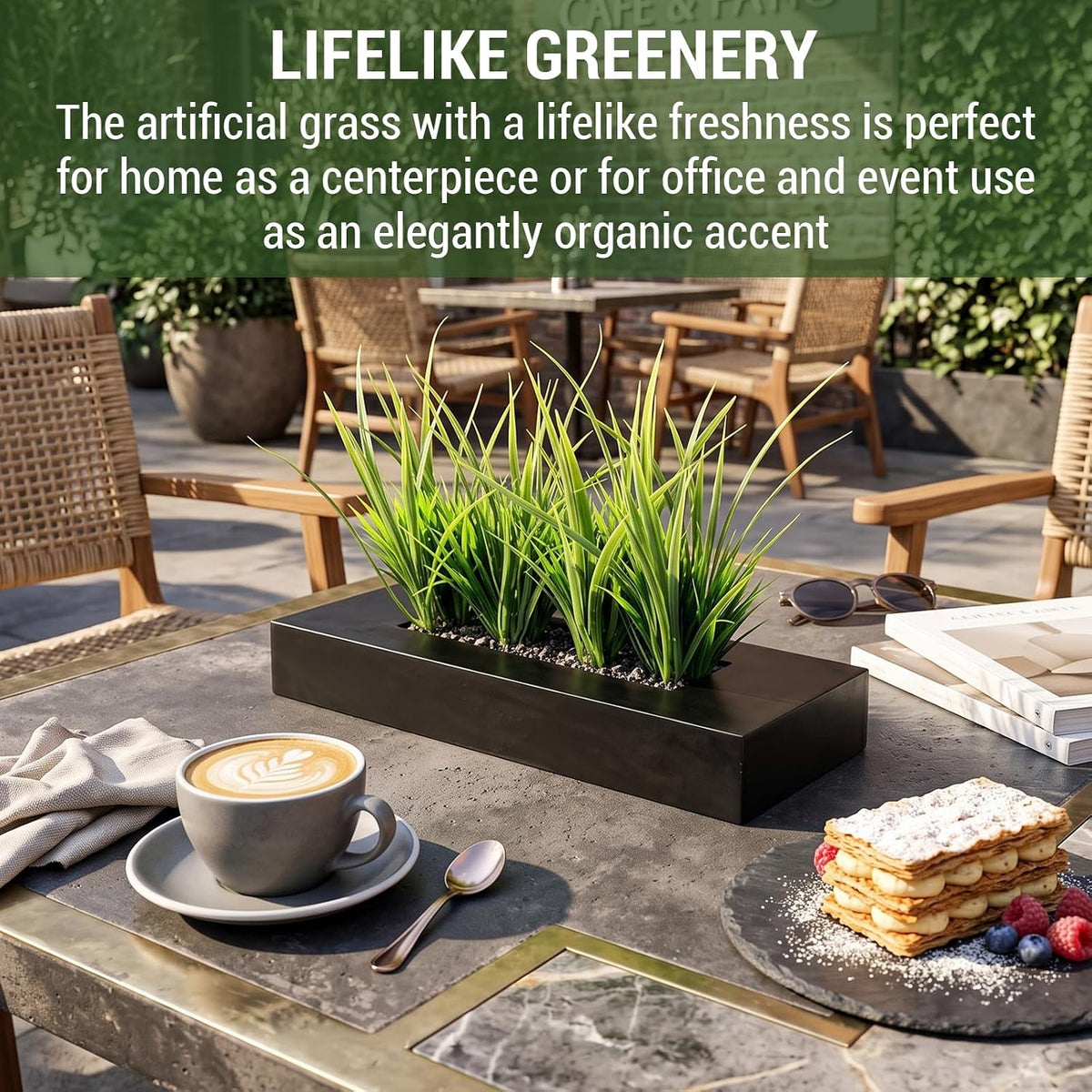 mygift artificial grass plant in rectangular wood planter, close-up detail