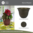 The HC Companies Sierra Round Self-Watering Pot - Lightweight Plastic Planter for Herbs & More - Durable Plant Pots for Indoor Plants & Outdoor Plants (13” Celtic Bronze, Pack of 1)