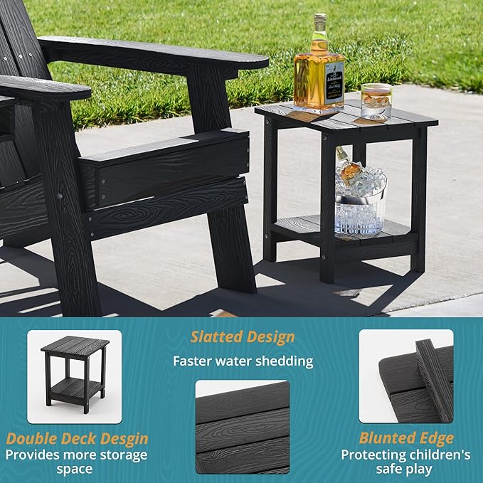 LUE BONA Adirondack Outdoor Side Table, 2-Tier Black HDPS Patio End Table Weather Resistant, Morden Side Table for Patio, Pool, Porch