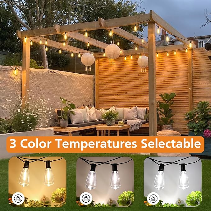 Brightever 150FT Outdoor Lights with Remote, 2700K/4000K/5000K Selectable LED String Lights for Outside with 75+2 ST38 Shatterproof Edison Bulbs, 3 Modes Dimmable Waterproof Hanging Lights for Patio