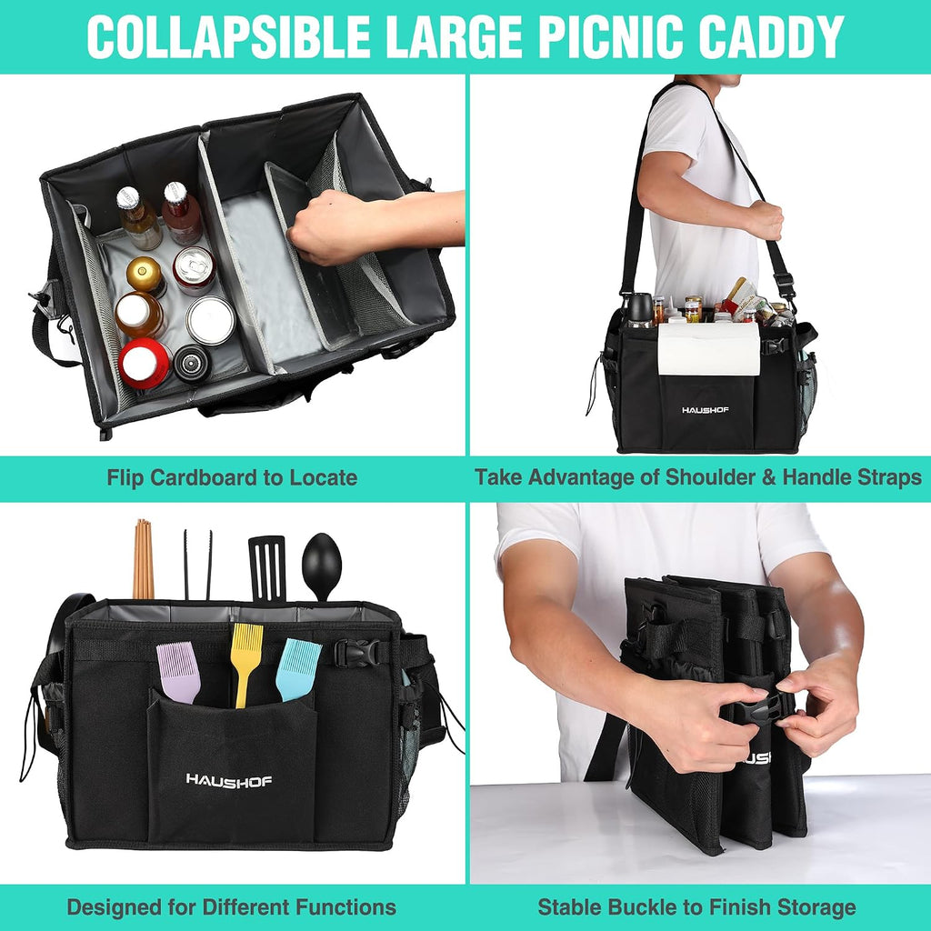 HAUSHOF Large Grill and Picnic Caddy with Paper Towel Holder | Condiment Pocket, Foldable BBQ Organizer Easy Carry Griddle Caddy for Camping, RV, Outdoor Waterproof Oxford Cloth (Black)