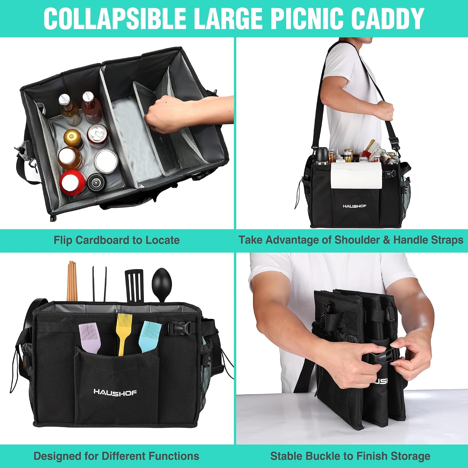 HAUSHOF Large Grill and Picnic Caddy with Paper Towel Holder | Condiment Pocket, Foldable BBQ Organizer Easy Carry Griddle Caddy for Camping, RV, Outdoor Waterproof Oxford Cloth (Black)