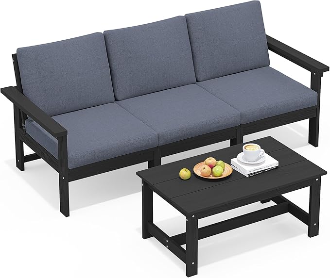 SERWALL HDPE Patio Sofa Set, 4-piece Sectional Outdoor Furniture Set, All Weather Outdoor Couch Set Patio Furniture Set for Deck, Lawn, Black Frame with Grey Cushion