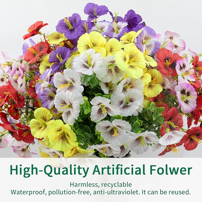 12 Bundles Artificial Pansy Flowers for Outdoor, Faux Silk Pansies Spring Flowers for Outside for Planter Front Door Porch Patio Yard Window Box Home Decor (Purple, Yellow, White,Red)