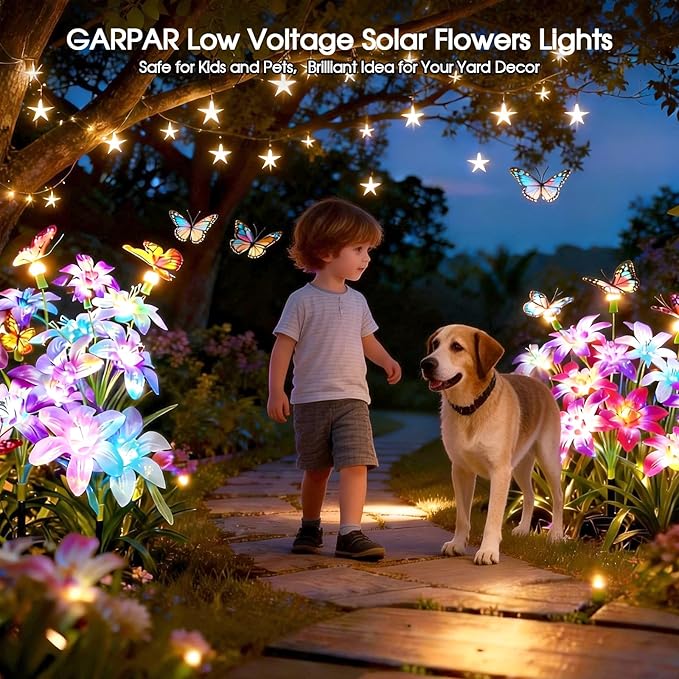 Garpar Solar Lily Lights with Swaying Butterflies, Upgraded Garden Solar Lights Outdoor Decorative, Waterproof Color Changing Garden Decor for Outside Yard Lawn Pathway Gift for Mom Women Grandma