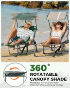 KingCamp Tanning Chair with Face Hole, Lounge Chairs Outdoor Folding Comfy Adjustable 5-Position Foldable Chaise Chaser with Canopy Shade for Outside Beach Patio Sun Bathing Pool, Green/White