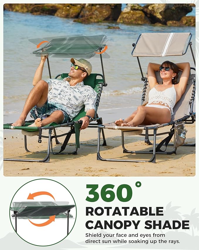 KingCamp Tanning Chair with Face Hole, Lounge Chairs Outdoor Folding Comfy Adjustable 5-Position Foldable Chaise Chaser with Canopy Shade for Outside Beach Patio Sun Bathing Pool, Green/White