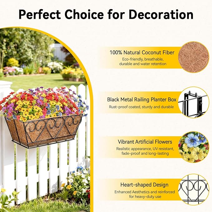 ZeeDix Railing Planter Boxes with Artificial Flowers, 2 Pack 16 Inch Window Box Planter with 24 Pack Fake Flowers for Deck Porch Patio Balcony Garden Home Decor