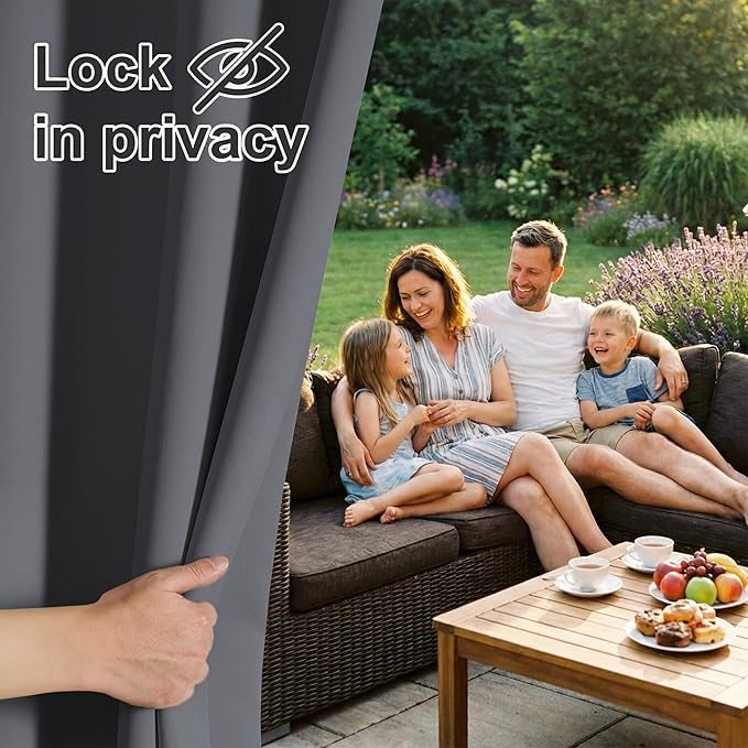RYB HOME Outdoor Curtains for Patio Waterproof Block Sunlight Thermal Insulated Privacy Assured Thick Outside Curtains for Porch, Gazebo, Pergola, W84" x L95", Grey, 1 Panel