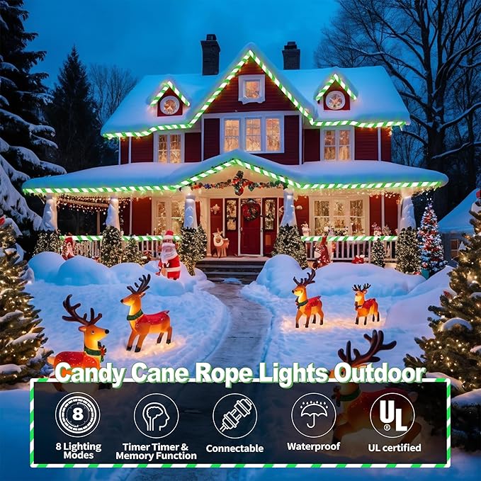 Jnaurb Christmas Candy Cane Lights, 66ft 480 LED Connectable Flexible White & Green Candy Cane Rope Lights for Outside, 8 Modes Waterproof LED Christmas Light for Garden Patio Tree Holiday Party Decor