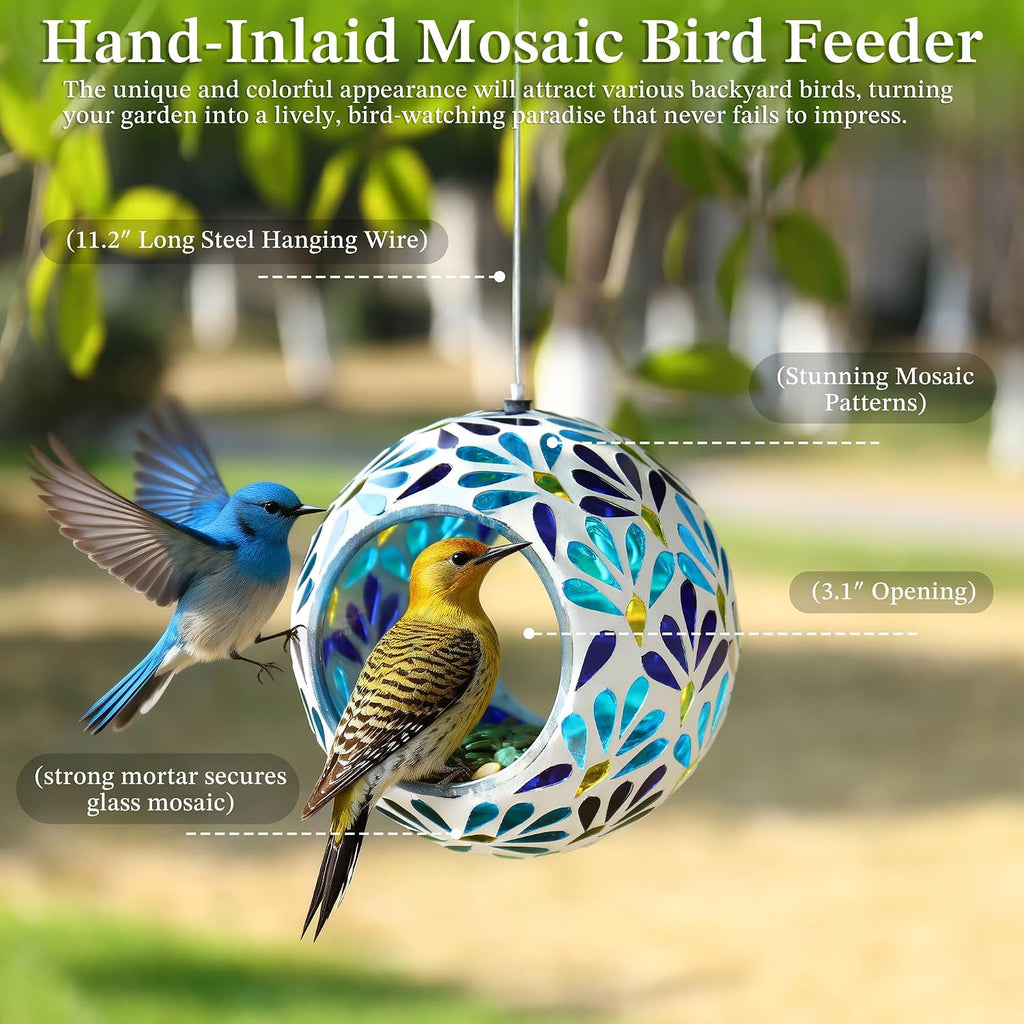 VOREEN Mosaic Glass Bird Feeder, Handcrafted Hanging Fly-Through Feeder for Outdoor Garden & Backyard, Decorative Wild Bird Feeder with Steel Wire Cable – Cool Blue Leaf Mosaic Style