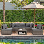HOMREST 6 Pieces Patio Furniture Sets, Outdoor Daybed with Canopy, Rattan Outdoor Sectional Sofa Set with Adjustable Backrest, Chaise Chair Sunbed for Garden Poolside Backyard（Gray）