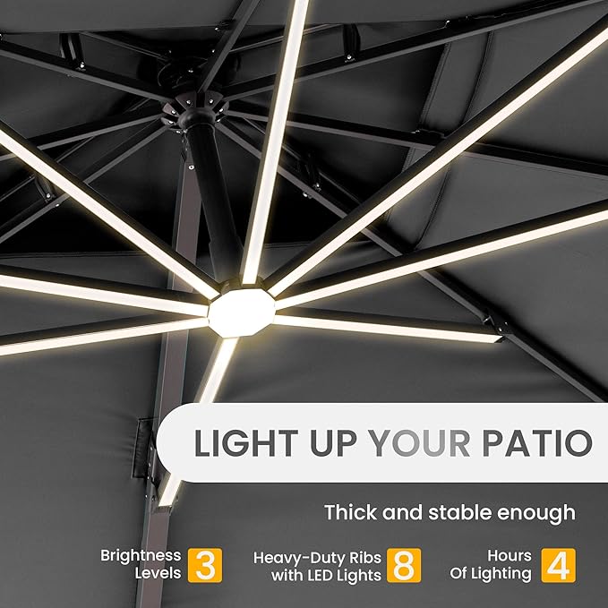 10 X 13 FT Cantilever Patio Umbrella with Led Lights and Base Included Outdoor Heavy Duty Double Top Rectangle Offset Umbrellas with 360-degree Rotation for Pool Deck Backyard, Grey