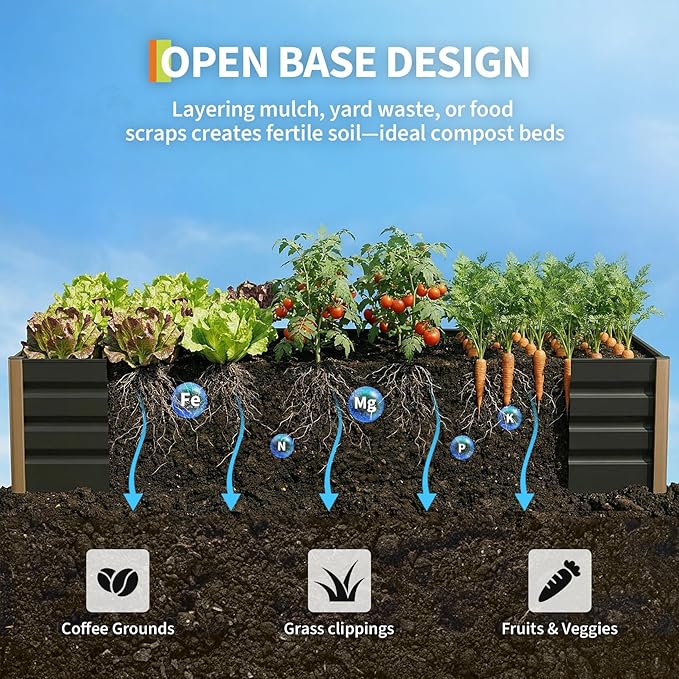 Garvee Aluminum Raised Garden Bed 4' x 2' x 16", Open-Bottom Deep Design with Rounded Safety Corners & Anti-Cut Trim, Large Outdoor Planter Box Kit, Gray