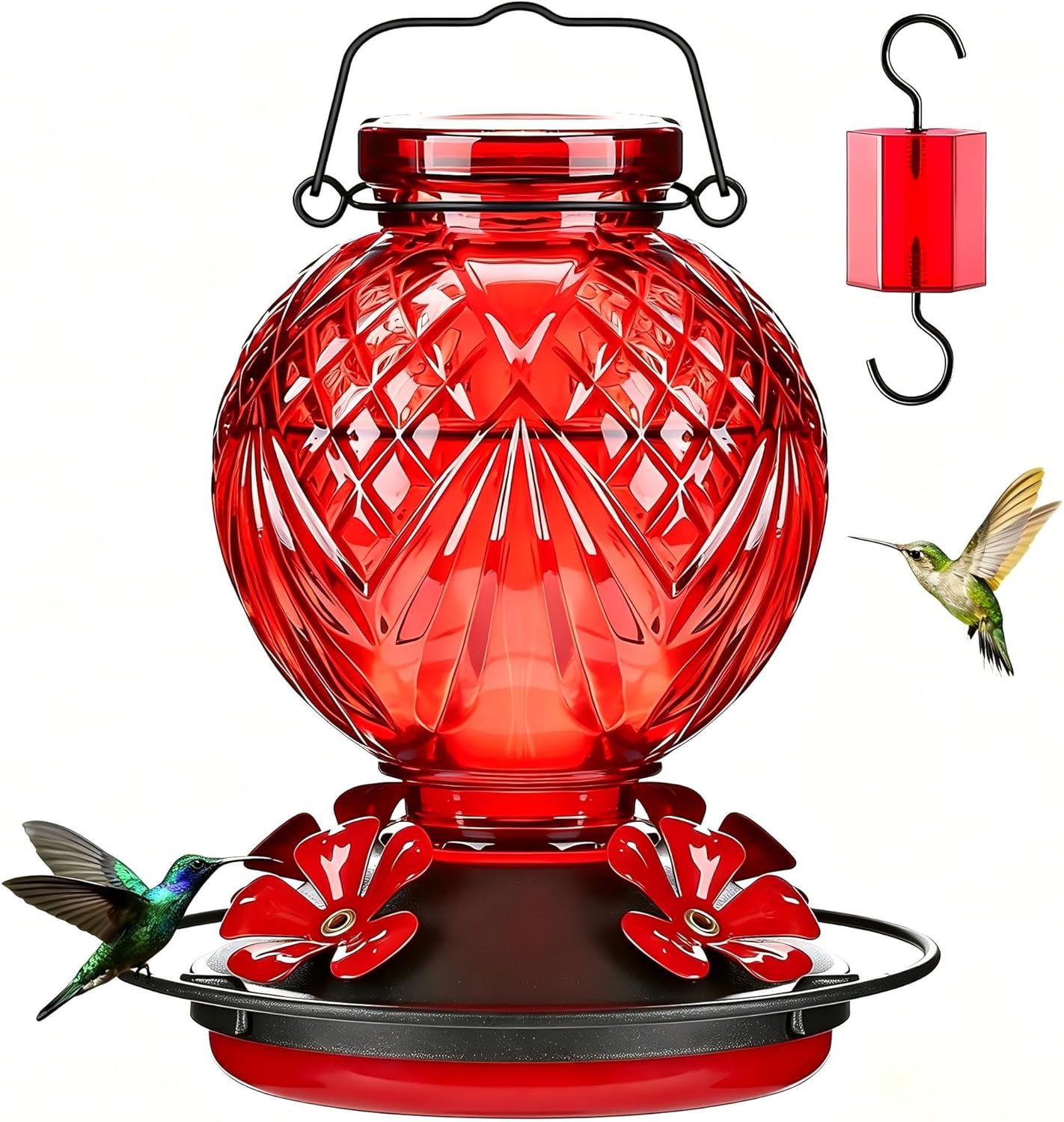 20oz Glass Hummingbird Feeder for Outdoor with Anti-Bee Ports, Red | Attract More Hummingbirds, Durable Glass, Leak-Proof, Easy To Clean, Built In Ant Moat, Bird Lover Gift, Hanging Garden Decor