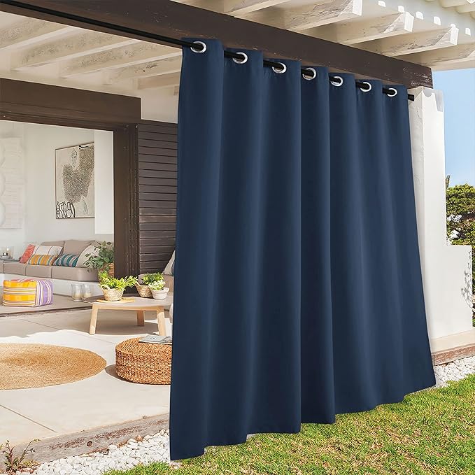 RYB HOME Extra Wide Outdoor Curtains for Patio Waterproof Heavy Duty Thermal Insulated in Summer Full Coverage Privacy for Porch, Gazebo & Pergola, W100 x L84, Navy Blue, 1 Panel