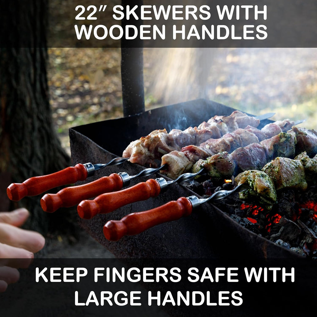 Premium BBQ Skewers with Wooden Handles 22" Shish Kabob Skewers Stainless Steel Long & Reusable Kabob Sticks Barbecue Skewers for Grilling Set of 10 Piece