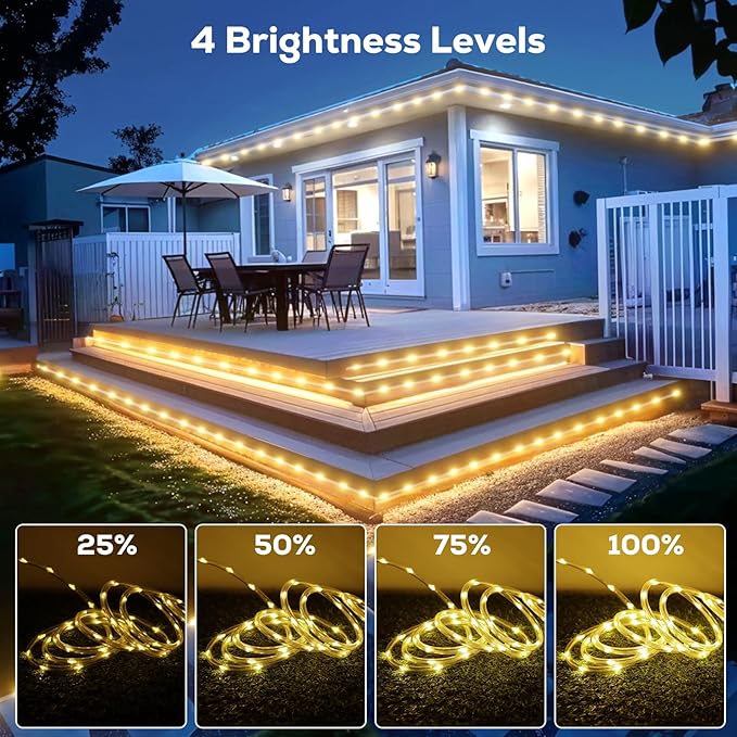 50FT 360 LED Waterproof Rope Lights Outside with Remote, 8 Modes and 4 Brightness Tube Lights for Christmas, Bedroom, Patio, Garden, Indoor Outdoor Decoration (Warm White)