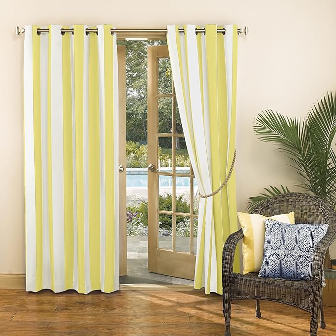 Sun Zero Valencia 2-Pack Cabana Stripe Indoor/Outdoor UV Protectant Energy Efficient Grommet Curtain Panel Pair, Yellow, 54" x 95"