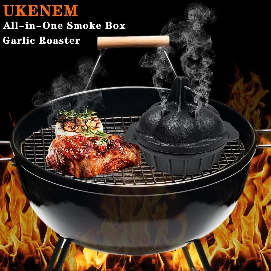 Small Cast Iron Garlic Roaster with 4 Iron Fish, Pre-Seasoned Smoker Roaster, Garlic Cooker, Garlic Roasting Pot, Mini Cocotte Garlic Potato Baker, Wood Chip Smoker Box for BBQ Meats Vegetables