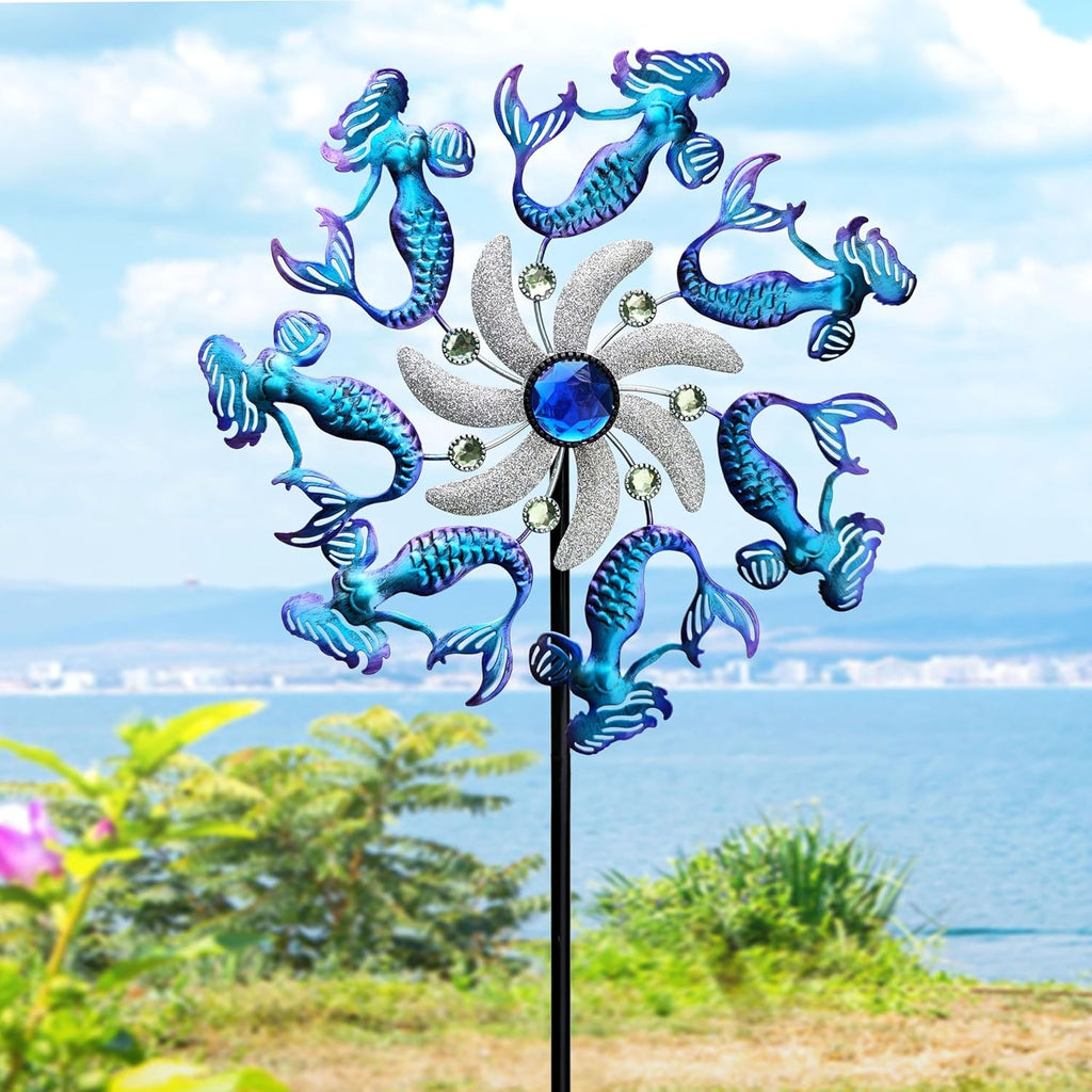 COOZZYHOUR 39" Mermaid Wind Spinners Metal Windmill Garden Stake,Ocean Theme Outdoor Wind Spinner,Wind Sculptures Yard Art Decorations for Patio,Lawn & Garden