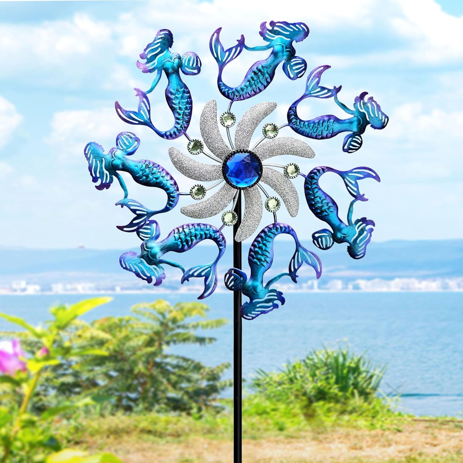 COOZZYHOUR 39" Mermaid Wind Spinners Metal Windmill Garden Stake,Ocean Theme Outdoor Wind Spinner,Wind Sculptures Yard Art Decorations for Patio,Lawn & Garden