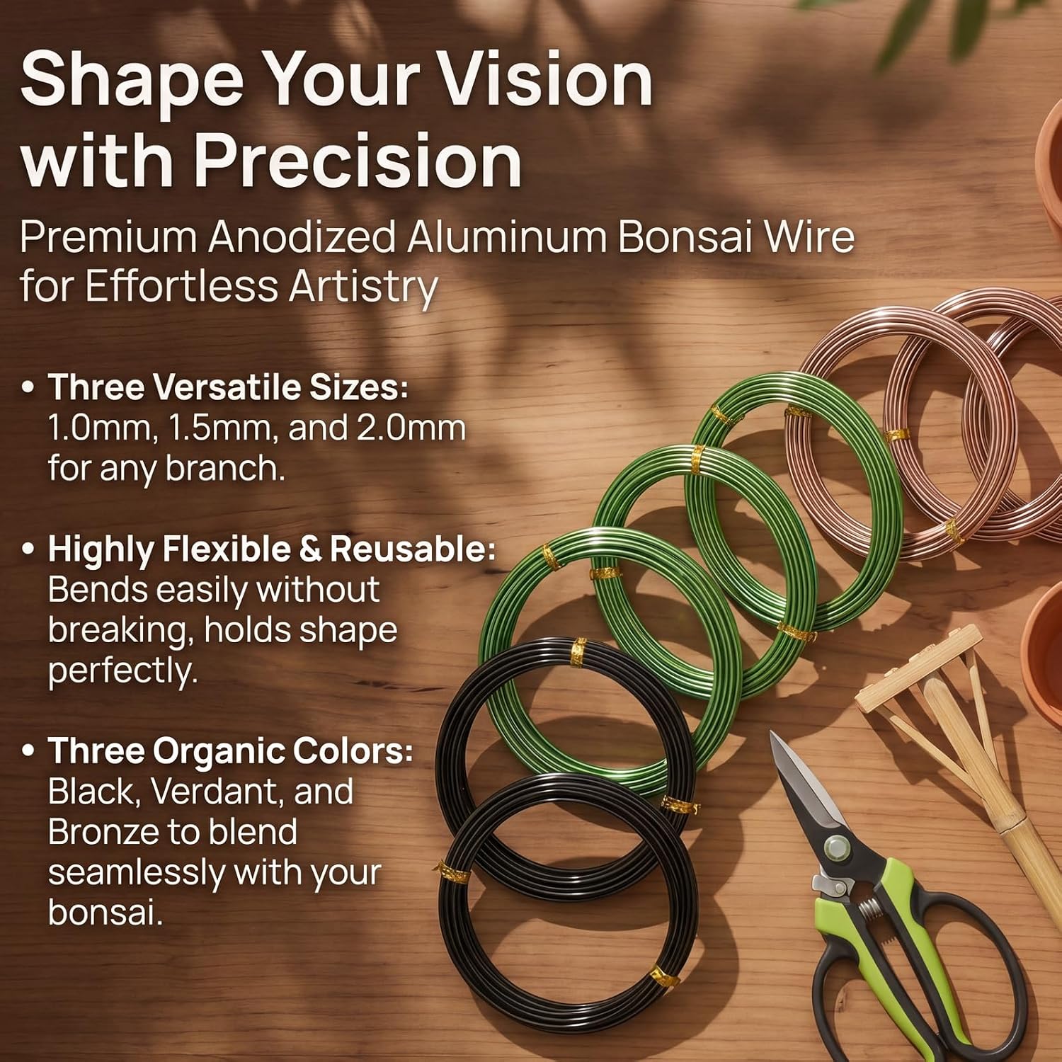 Zhanmai 9 Rolls Anodized Aluminum Bonsai Training Wires 3 Sizes (1.0, 1.5, 2.0 mm) Total 147 Feet Black Plant Training Wire for Fine Trunk Branch Control(Black, Brown, Green)