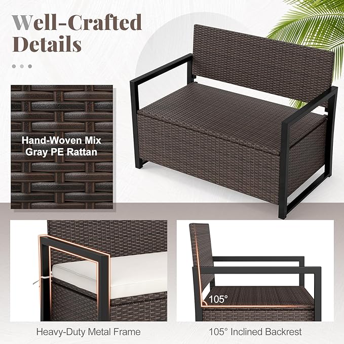 Tangkula 40 Gallon Outdoor Bench with Storage, Patio Wicker Storage Bench with Cushion, Cover, Metal Frame, Deck Box Seat for Backyard, Poolside, Balcony, Garden