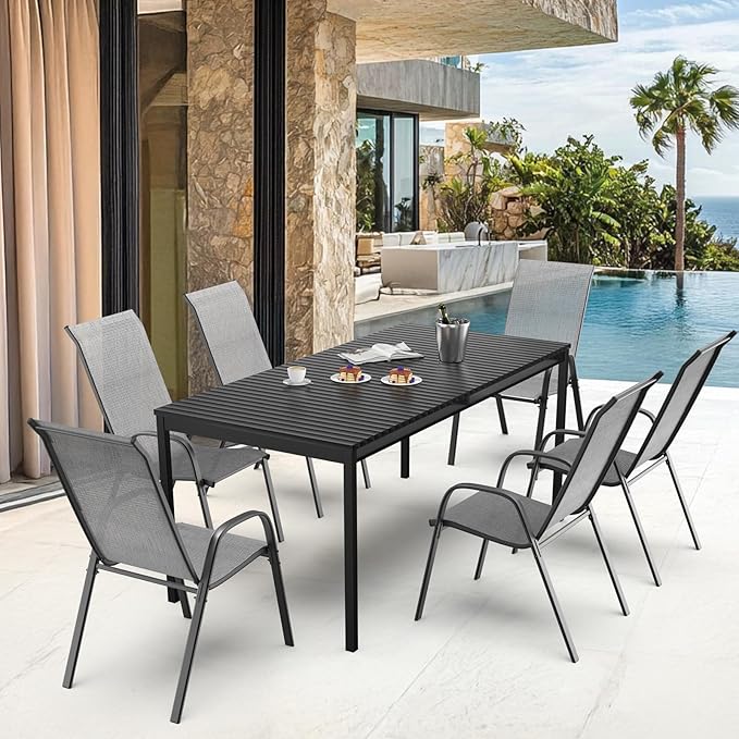 VINGLI Patio Chairs Set of 8 – Stackable Outdoor Dining Chairs with Comfortable Sling High Back Chairs and Armrests for Lawn, Poolside, Courtyard, Balcony, Garden, Silver Gray