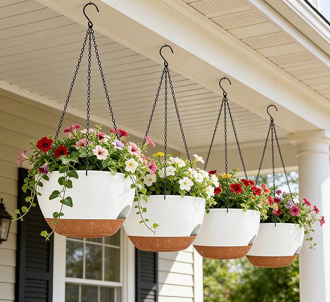 Set of 4-8 Inch Self Watering Hanging Planters for Indoor Outdoor，Hanging Plant Pots with Drainage & Removable Tray, Hanging Pots Holder for Ivy, Pothos, Ferns, Balcony & Patio, White Brown