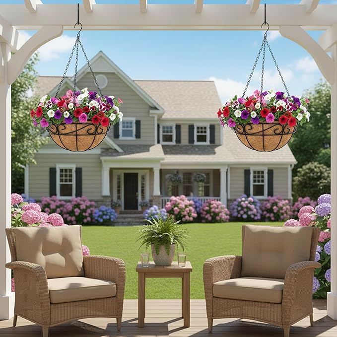 Outdoor Metal Hanging Planters Basket (4pack, 12 inch) Hanging Baskets for Plants Chain Round Wire Plant Holder with Coco Fiber Liners for Garden, Patio, Deck, Porch(Flower Border)