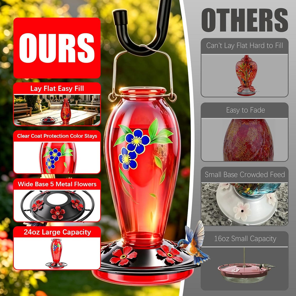 24 OZ Hummingbird Feeder for Outdoors Hanging, | Heavy-Duty Thick Glass With Floral Decals, Leak-Resistant Metal Base, 5 Feeding Ports & Perch